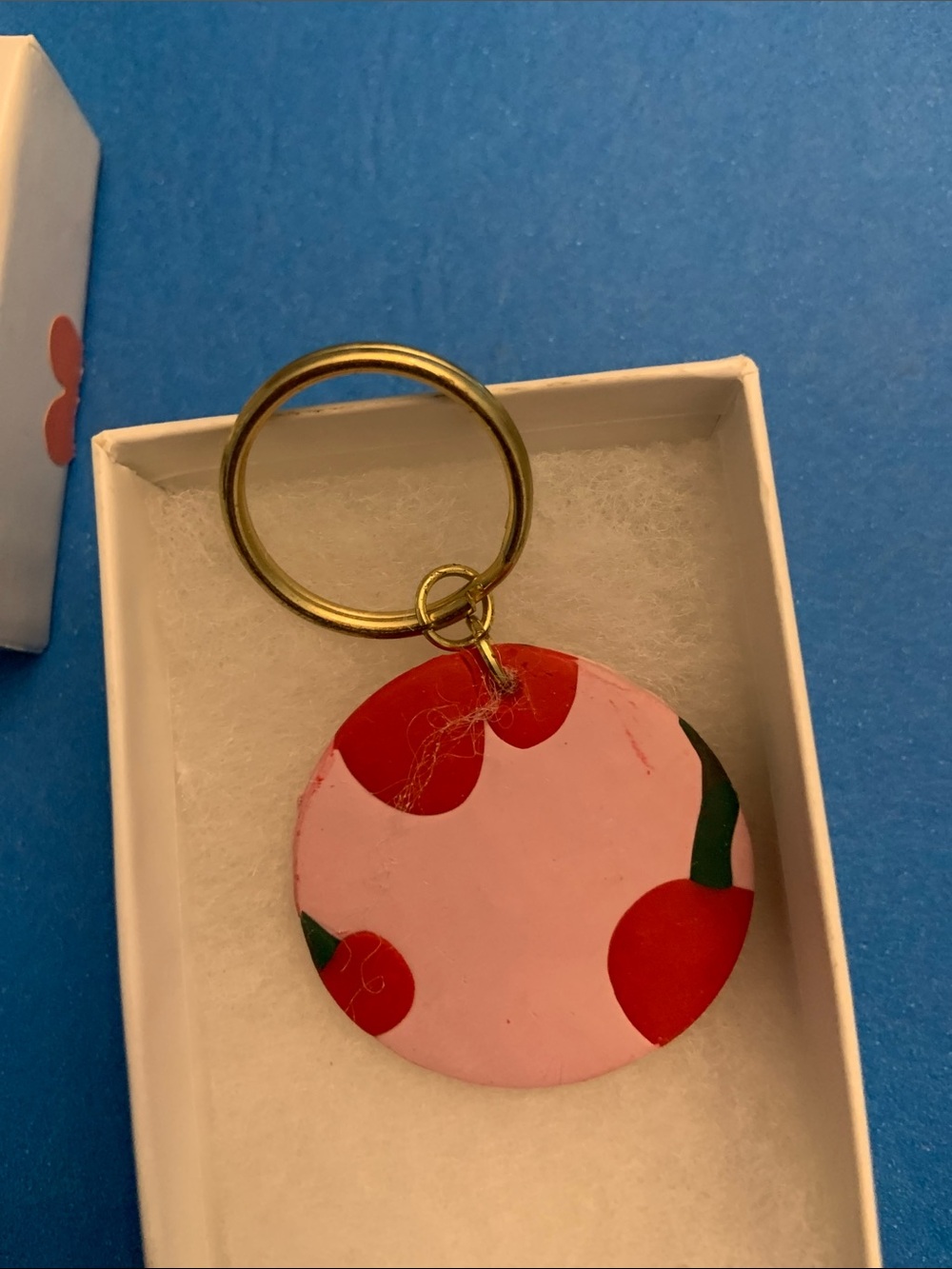 Hand painted   Cherry Pattern Round Keychain with Gold Ring